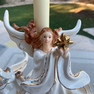 Elegant Trio of White Iridescent Porcelain Trimmed in Gold Angel Candleholders